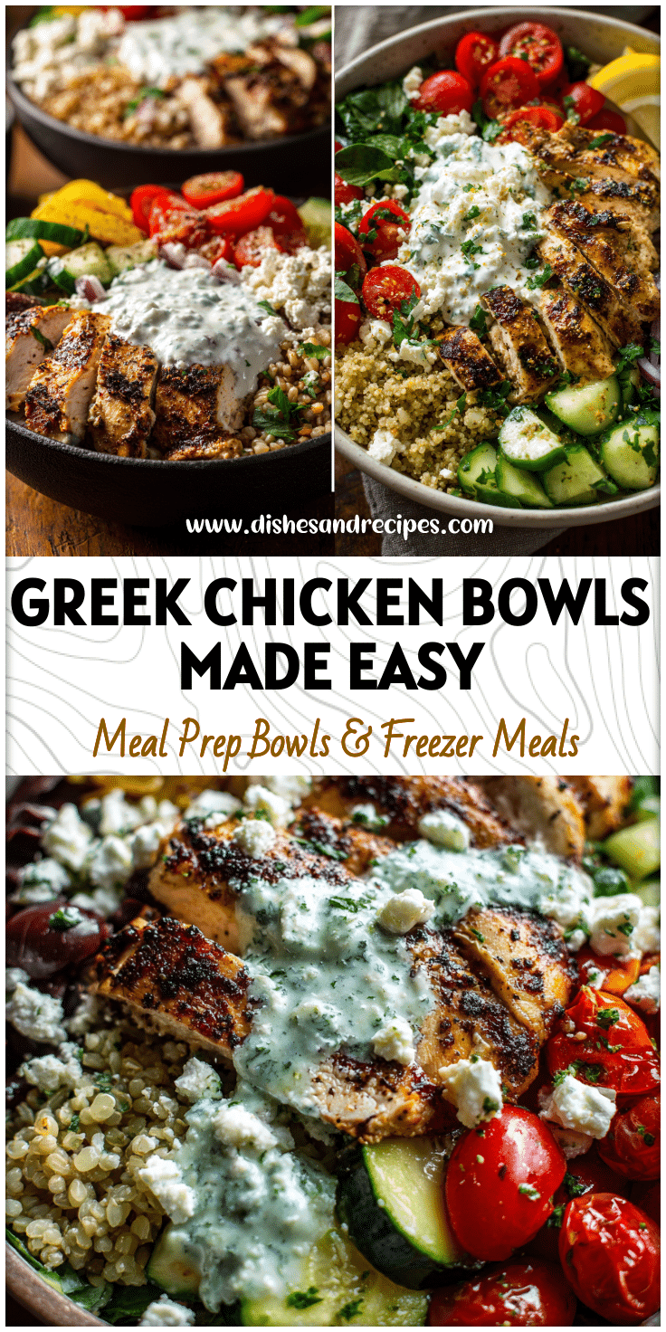 A vibrant Greek Inspired Chicken Bowl with grilled chicken, fresh veggies, tzatziki sauce, and grains for a Greek Power Bowl Recipe.